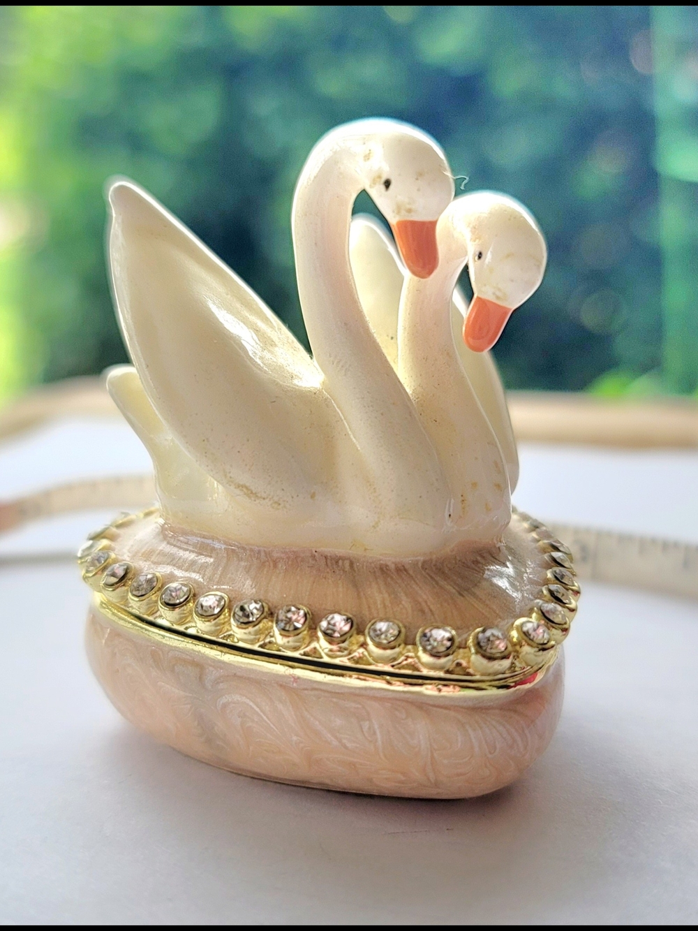 Vintage-style Bejeweled Two Swan Hinged Metal Trinket Box